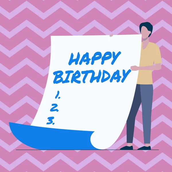 Handschriftlicher Text Happy Birthday. Der Geburtstag eines Menschen wird mit Geschenken gefeiert Man Standing Holding Large Blank Paper zeigt neue Bedeutung und Botschaft. — Stockfoto