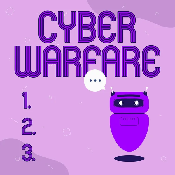 Inspiration showing sign Cyber Warfare. Business overview Virtual War Hackers System Attacks Digital Thief Stalker Illustration Of Cute Floating Robot Telling Information In A Chat Cloud. — Foto Stock