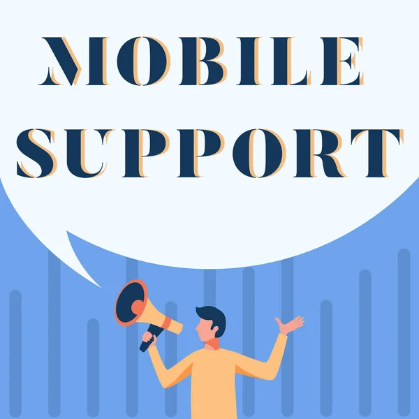 Conceptual caption Mobile Support. Internet Concept Provides maintenance on portable devices technical issues Man Drawing Holding Megaphone With Big Speech Bubble Showing Message. — Stockfoto