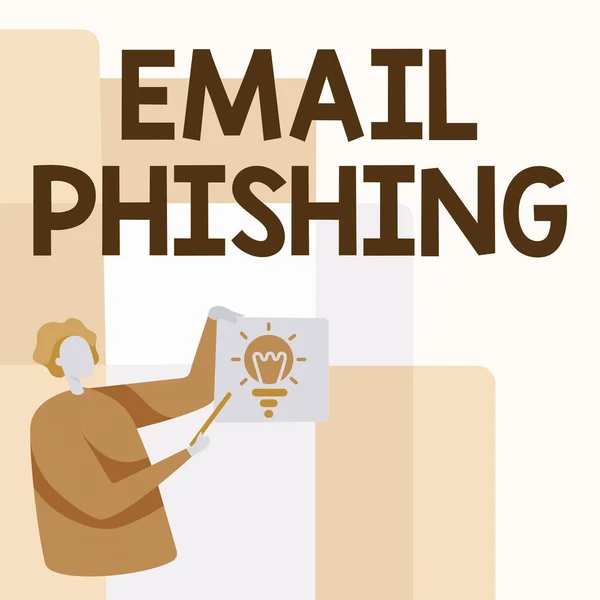 Titulek textu s e-mailem Phishing. Word pro e-maily, které mohou odkazovat na webové stránky, které distribuují malware Man Standing Holding Paper s svítící žárovkou, zatímco ukazující Stick. — Stock fotografie