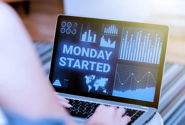 Conceptual caption Monday Started. Business approach getting ready for new week Rest is over lets begin work Woman Sitting With Laptop Back View Actively Accomplishing Work From Home. — Stockfoto