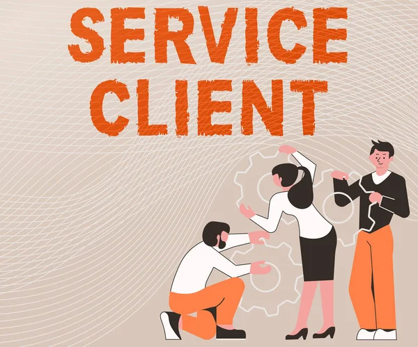 Légende textuelle présentant le client du service. Vue d'ensemble de l'entreprise Traiter efficacement la satisfaction et les besoins des clients Illustration d'un groupe détenant un engrenage droit Aider chacun pour son travail. — Photo