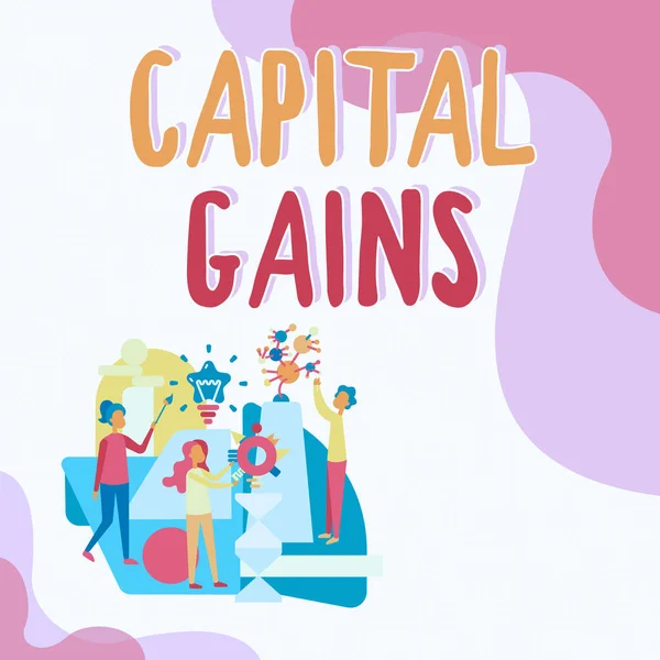 Writing displaying text Capital Gains. Conceptual photo Bonds Shares Stocks Profit Income Tax Investment Funds Three Collagues Illustration Practicing Hand Crafts Together. — 图库照片