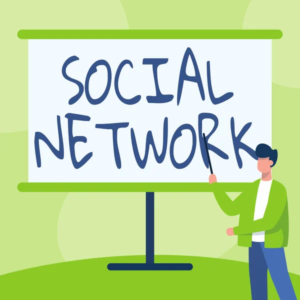 Text caption presenting Social Network. Internet Concept Interactions Sharing Information Interpersonal relationship Teacher In Jacket Drawing Standing Pointing Stick At Whiteboard. — Stockfoto