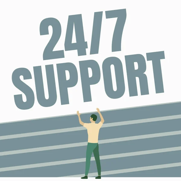 Text sign showing 24 Or 7 Support. Business approach Giving assistance to service whole day and night No downtime Athletic Man Standing On Track Field Raising Both Hand Showing Celebration. — Fotografia de Stock