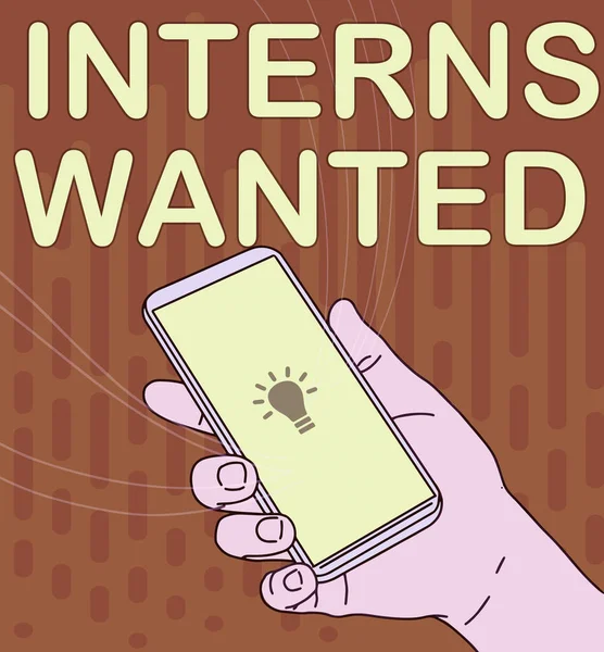 Handwriting text Interns Wanted. Conceptual photo Looking for on the job trainee Part time Working student Hand Holding Mobile Device With Blank Screen Showing New Technology. — Stockfoto