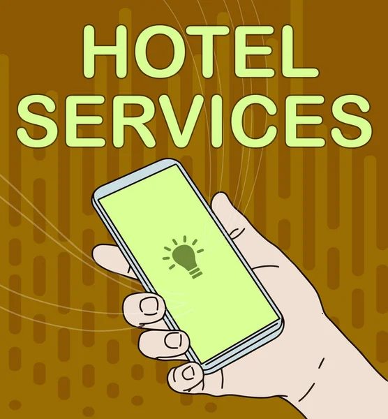 Inspiráló szöveg a Hotel Services-től. Word for Facilities A szálláshely és a szálláshely szolgáltatásai Ház Hand Holding Mobile Device With Blank Screen Új technológia mutatása. — Stock Fotó