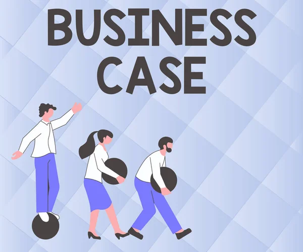 Hand writing sign Business Case. Business idea Proposition Undertaking Verbal Presentation New Task Illustration Of Group Bringing Their Own Heavy Sphere Together. — 图库照片