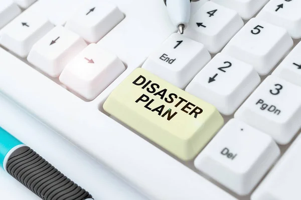 Text caption presenting Disaster Plan. Word for Respond to Emergency Preparedness Survival and First Aid Kit Typing Online Member Name Lists, Creating New Worksheet Files — Fotografia de Stock