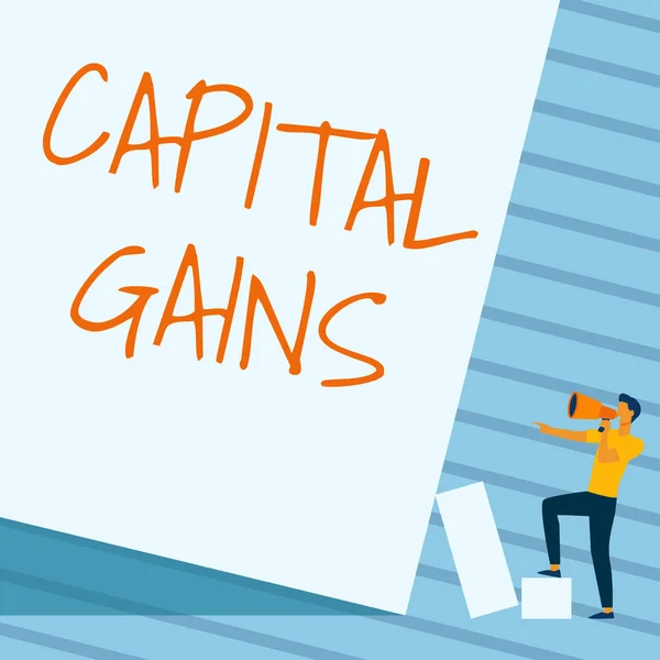 Conceptual display Capital Gains. Word for Bonds Shares Stocks Profit Income Tax Investment Funds Man Standing Drawing Holding Megaphone Pointing Blank Wall. — Fotografia de Stock