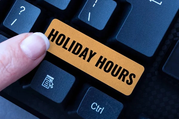 Text sign showing Holiday Hours. Business approach Schedule 24 or7 Half Day Today Last Minute Late Closing Typing New Edition Of Informational Ebook, Creating Fresh Website Content — Stock Photo, Image