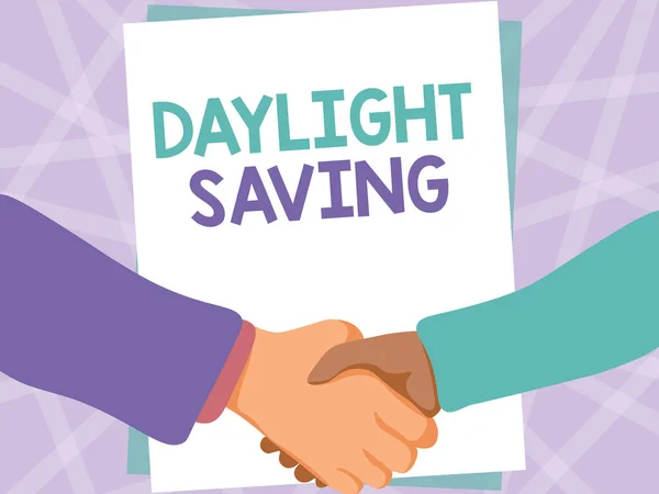 Writing displaying text Daylight Saving. Business concept Storage technologies that can be used to protect data Two Men Drawing With Empty Paper Shake Hands Presenting Agreement. — Fotografia de Stock