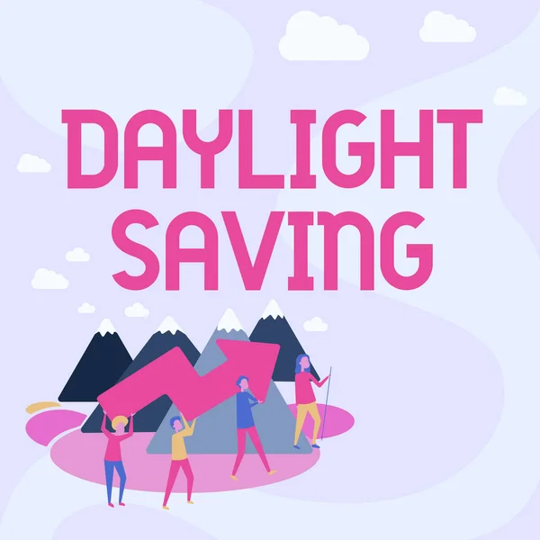 Handwriting text Daylight Saving. Word for Storage technologies that can be used to protect data Four Colleagues Illustration Climbing Mountain Holding Large Arrow. — Fotografia de Stock