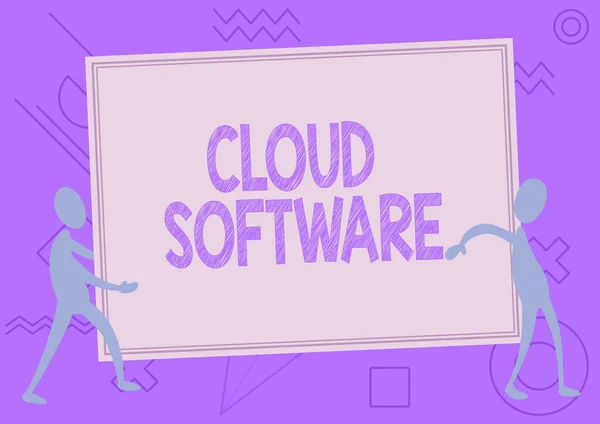 Conceptual caption Cloud Software. Concept meaning Programs used in Storing Accessing data over the internet Two Colleagues Standing Carrying Large Blank Board Showing Unity. — Foto Stock