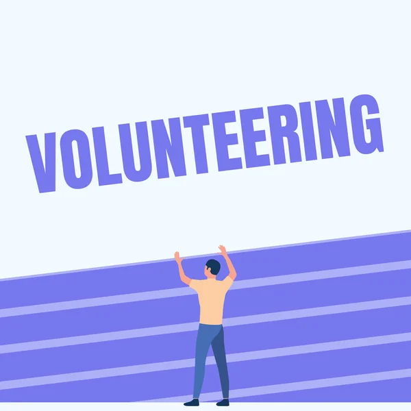 Writing displaying text Volunteering. Business showcase Provide services for no financial gain Willingly Oblige Athletic Man Standing On Track Field Raising Both Hand Showing Celebration. — Stock Photo, Image