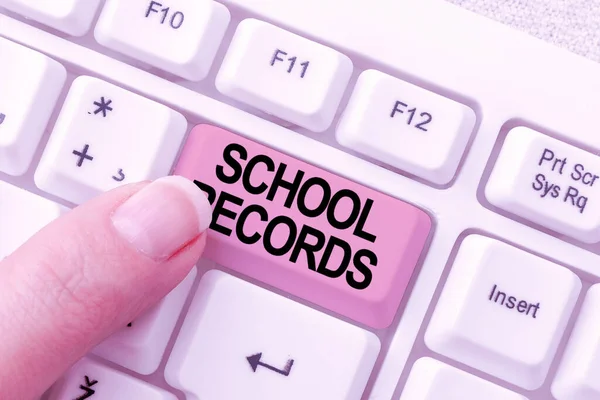 Podpis tekstowy przedstawiający School Records. Conceptual photo Information that is kept about a child at school Biography Typing Advance Lesson And Lecture Plans, Maszyny do pisania New Article Pages — Zdjęcie stockowe