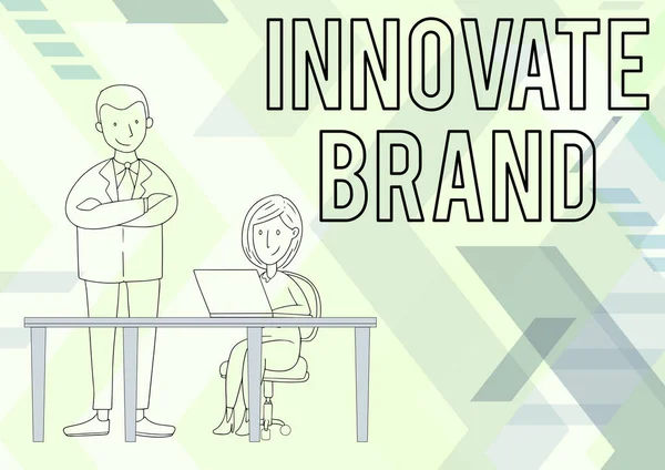 Sign displaying Innovate Brand. Business approach significant to innovate products, services and more Man Standing Crossed Arms Watching Sitting Woman Using Laptop.