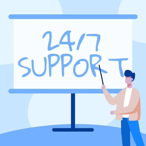 Text sign showing 24 Or 7 Support. Conceptual photo Giving assistance to service whole day and night No downtime Teacher In Jacket Drawing Standing Pointing Stick At Whiteboard. — Stock Photo, Image