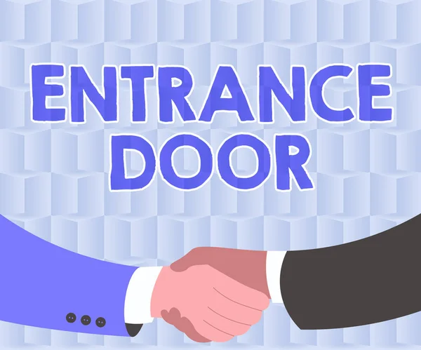 Conceptual display Entrance Door. Conceptual photo Way in Doorway Gate Entry Incoming Ingress Passage Portal Two Men Drawing With Paper Background Shake Hands Presenting Agreement — Stock Photo, Image