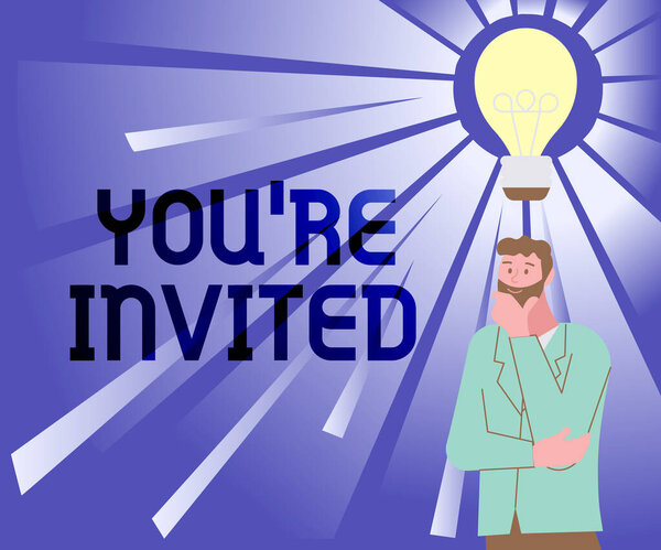 Подпишите, что вас снова пригласили. Please join us in our celebration Welcome Be a guest Illustration of a Man Standing Coming Up with New Amazing Ideas.