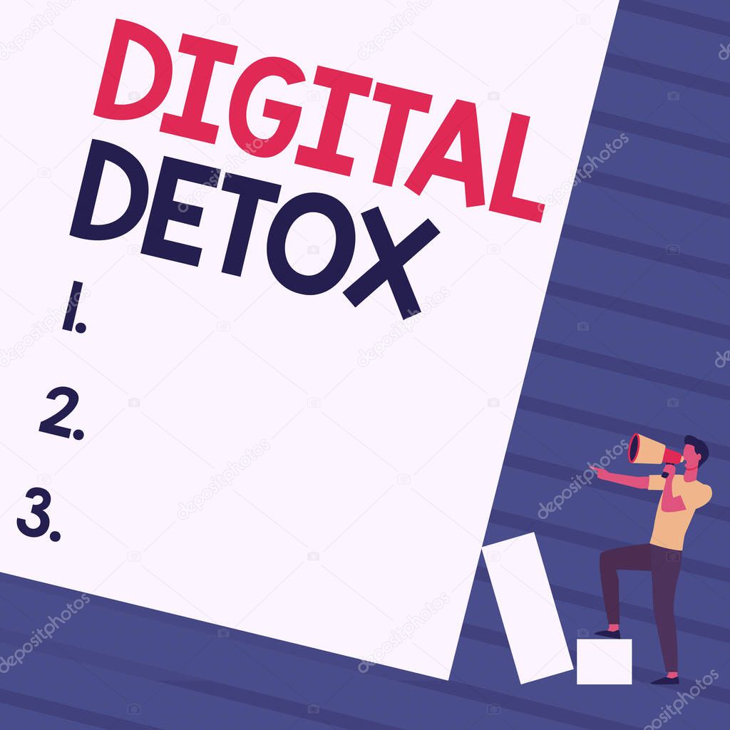 Sign displaying Digital Detox. Internet Concept Free of Electronic Devices Disconnect to Reconnect Unplugged Man Standing Drawing Holding Megaphone Pointing Blank Wall.