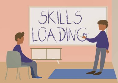 Yetenek Yükleme 'yi gösteren tabela. İş konsepti, bir görev öğretmeni ve öğrencinin bir sınıfta özel olarak resim çizerken ne kadar zorlandığına işaret eder..