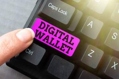 Metin başlığı Dijital Cüzdan sunar. İnternet Konsepti, bir sosyal medya paylaşımı üzerine yorum yazma, ilginç yeni yazı yazma, çevrimiçi işlem oluşturma olanağı sağlayan bir finansal hesap kavramı