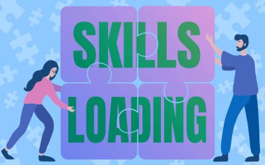 Yetenek Yükleme işaretini gösteren ilham. İşletme vitrininde, Meslektaşlar Yapboz 'un Dört Parçasını Birleştirirken Yapboz Takım Çalışmasının Ne kadar zor olduğuna dikkat çekiliyor.