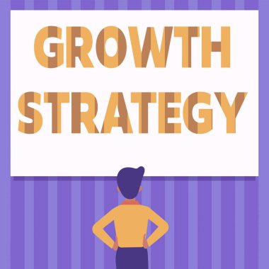 Metin işareti büyüme stratejisini gösteriyor. İnternet Kavrama Stratejisi, Kısa Boylu Adam Çizen Eller ve Boş Bir Beyaz Tahtaya Bakan Kalçalar 'da daha büyük pazar payı kazanmayı hedefliyor.