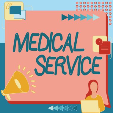 Metin Sağlık Servisi yazılıyor. İş konsepti, hastalıkları ve yaraları tedavi etmek için tıbbi müdahale gerektiriyor. Kadın, Megafon 'un yanında çalışırken çiziyor. Yeni bir duyuru yapıyor.