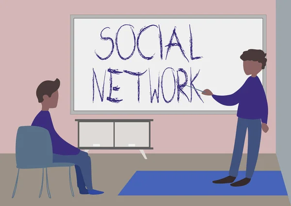 Inspiration showing sign Social Network. Word Written on a framework of individual linked by interpersonal relationship Teacher And Student Drawing Having Class Privately Inside A Classroom. — 图库照片