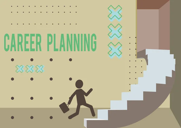 Conceptual display Career Planning. Word Written on stepwise planning of one s is possible professional career Gentleman In Suit Running Upwards On A Large Stair Steps Showing Progress. — Stock Photo, Image