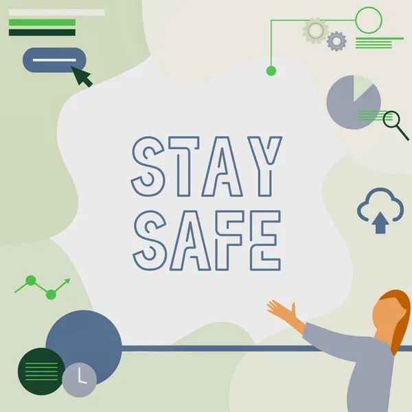 Szöveg megjelenítése Stay Safe. Word írt biztonságos fenyegetés veszély, kár vagy hely tartani cikkek Lady Rajz Állandó Holding Projektor Távirányító Bemutatása Pie Charts — Stock Fotó