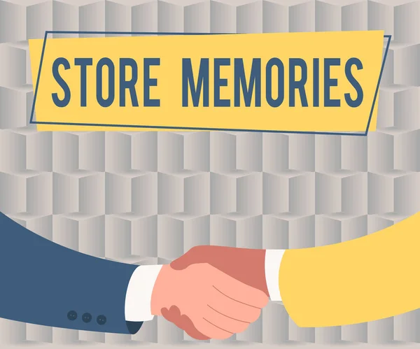 Pisanie wyświetlania tekstu Store Memories. Słowo na proces wprowadzania i przechowywania danych wcześniej nabytych Dwóch mężczyzn rysowania z tła papieru uścisk dłoni prezentujące umowy — Zdjęcie stockowe
