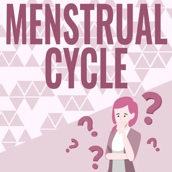 Texto que presenta el Ciclo Menstrual. Concepto de Internet Ciclo mensual de cambios en los ovarios y el revestimiento uterino Lady Drawing Lluvia de ideas Nuevas soluciones rodeadas de signos de interrogación. — Foto de Stock