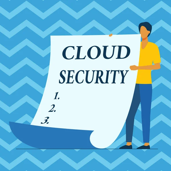 Text sign showing Cloud Security. Business idea Imposing a secured system of existing data in the Internet Man Standing Holding Large Blank Paper Showing New Meaning And Message. — 图库照片