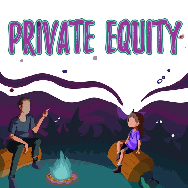 Text showing inspiration Private Equity. Business approach limited partnerships composed of funds not publicly traded Father And Daughter Sitting Next To Campfire Enjoying Camping At The Park — Fotografia de Stock