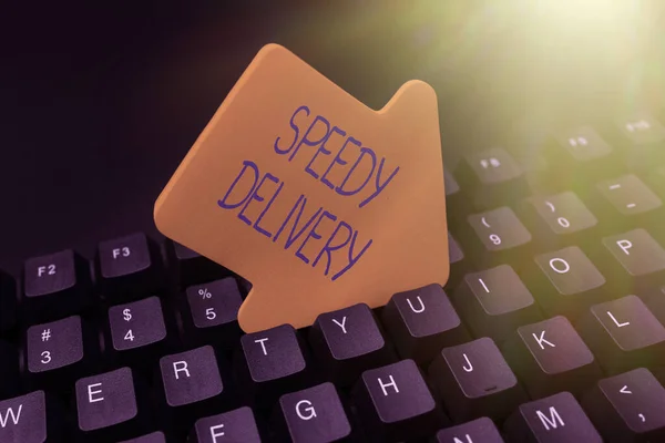 Kézírás szöveg Speedy Delivery. Üzleti megközelítés biztosítja a termékek gyors vagy ugyanazon a napon a tengerentúli szállítás Csatlakozás az Online Barátok, ismerősök az interneten — Stock Fotó