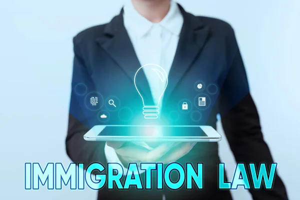 Hand writing sign Immigration Law. Word for Emigration of a citizen shall be lawful in making of travel Woman In Suit Standing Using Device Showing New Futuristic Virtual Tech. — Fotografia de Stock