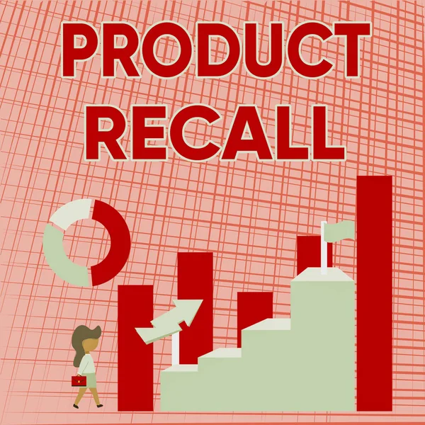 Conceptual caption Product Recall. Word for request to return the possible product issues to the market Business Woman Walking Towards Large Graph Showing Performance — Stockfoto