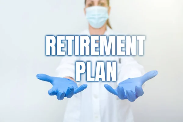 Hand writing sign Retirement Plan. Word Written on saving money in order to use it when you quit working Demonstrating Medical Ideas Presenting New Scientific Discovery — Fotografia de Stock