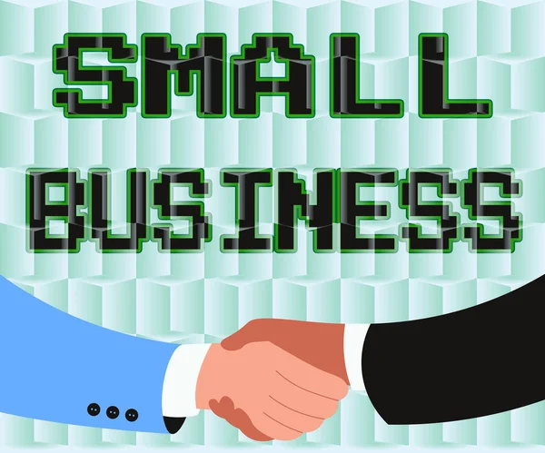 Text caption presenting Small Business. Business overview an individualowned business known for its limited size Two Men Drawing With Paper Background Shake Hands Presenting Agreement — Fotografia de Stock
