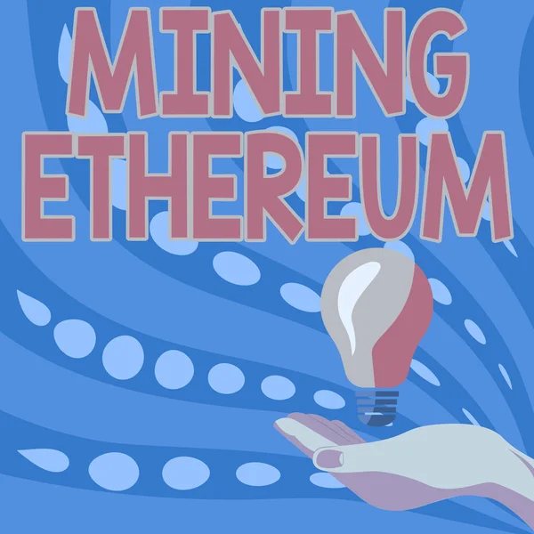 Handwriting text Mining Ethereum. Concept meaning the process of increasing the volume of Ether in circulation Lady Hands Holding Lamp With Formal Outfit Presenting New Ideas For Project,