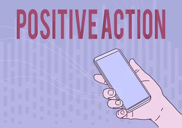 Handwriting text Positive Action. Business idea doing good attitude against certain situation Fine reaction Hand Holding Mobile Device With Blank Screen Showing New Technology. — 图库照片