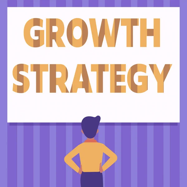 Text sign showing Growth Strategy. Internet Concept Strategy aimed at winning larger market share in shortterm Man Drawing Standing Hands N Hips Looking At An Empty Whiteboard. — Stockfoto