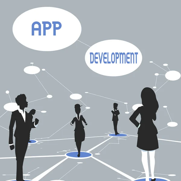 Redactarea afișării textului App Development. Conceptul înseamnă producerea de software pentru calculator cu un scop specializat Mai mulți membri ai echipei în picioare gândire separată Linii conectate la podea. — Fotografie, imagine de stoc