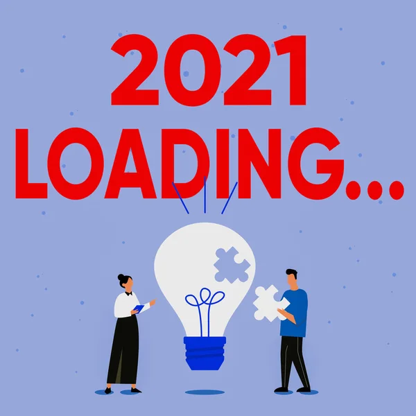Handwriting text 2021 Loading.... Conceptual photo a year composed of a series of events that are still ongoing Illustration Of Partners Bulding New Wonderful Ideas For Skill Improvement. — Stockfoto