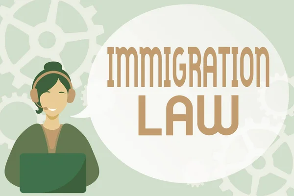 Τίτλος κειμένου που παρουσιάζει το Μεταναστευτικό Δίκαιο. Έννοια που σημαίνει μετανάστευση ενός πολίτη πρέπει να είναι νόμιμη στην πραγματοποίηση του ταξιδιού Lady Call Center Εικονογράφηση με ακουστικά Ομιλία Bubble Συζήτηση. — Φωτογραφία Αρχείου