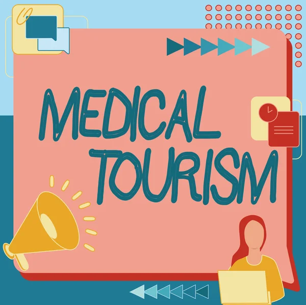 Sign displaying Medical Tourism. Business showcase traveling outside the country to receive medical care Woman Drawing Sitting Working Next To Megaphone Making New Announcement — Stockfoto