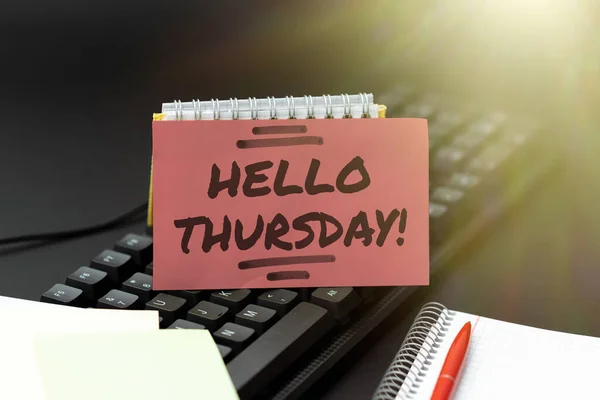 Hand writing sign Hello Thursday. Business idea a positive message as the Friday s is herald passes by Abstract Typist Practicing Speed Typing, Programmer Debugging Codes — Stockfoto